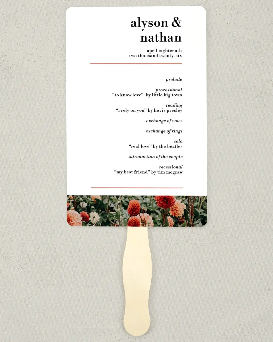 This is a 5" x 7⅞" Wedding Program Fan called Dreamy Meadows printed in full color on Premium Smooth paper