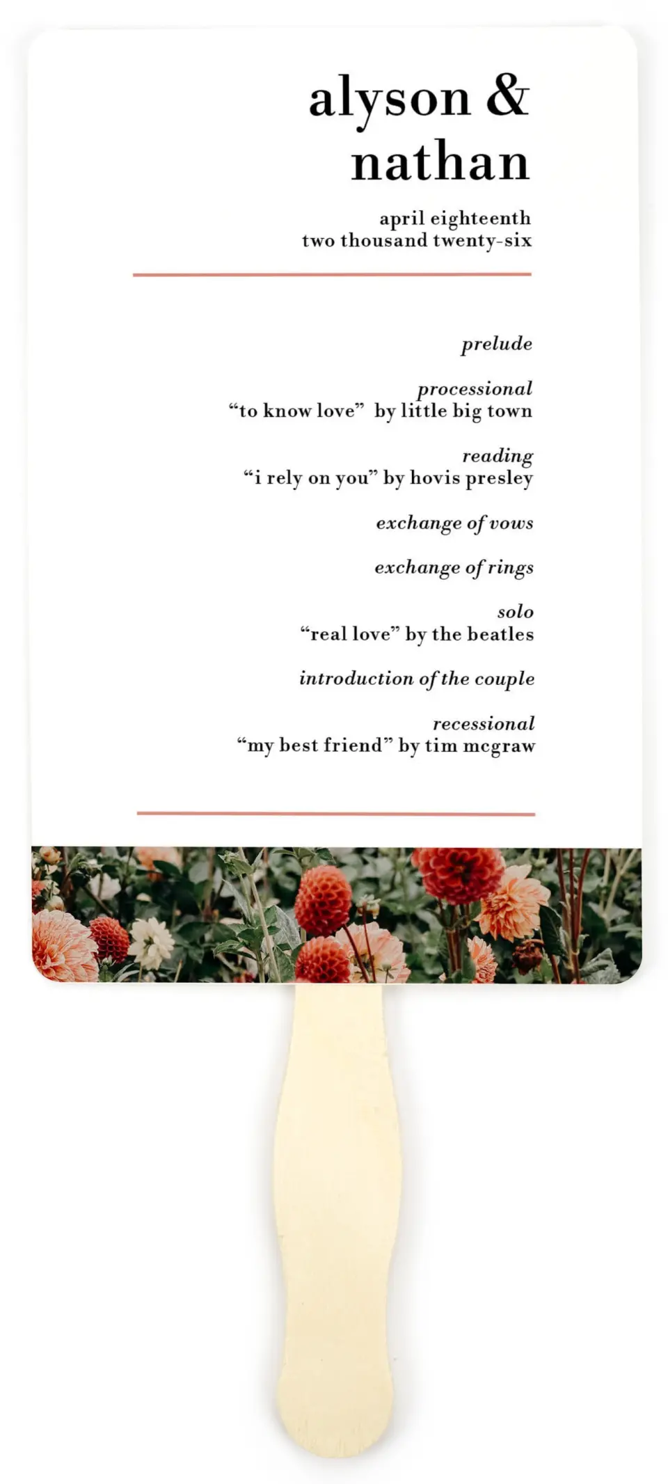 This is a 5" x 7⅞" Wedding Program Fan called Dreamy Meadows printed in full color on Premium Smooth paper