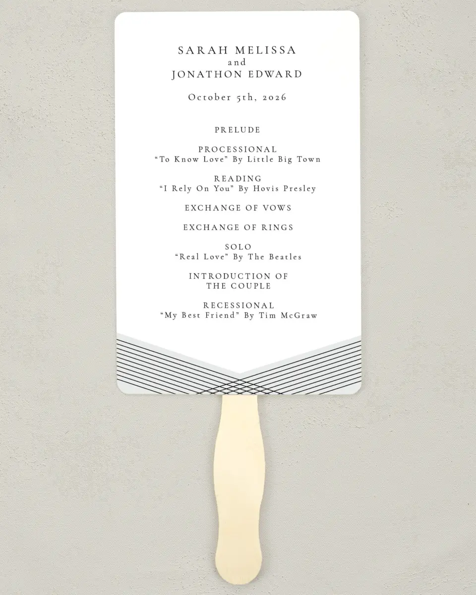This is a 5" x 7⅞" Wedding Program Fan called Dearest Lines printed in full color on Premium Smooth paper