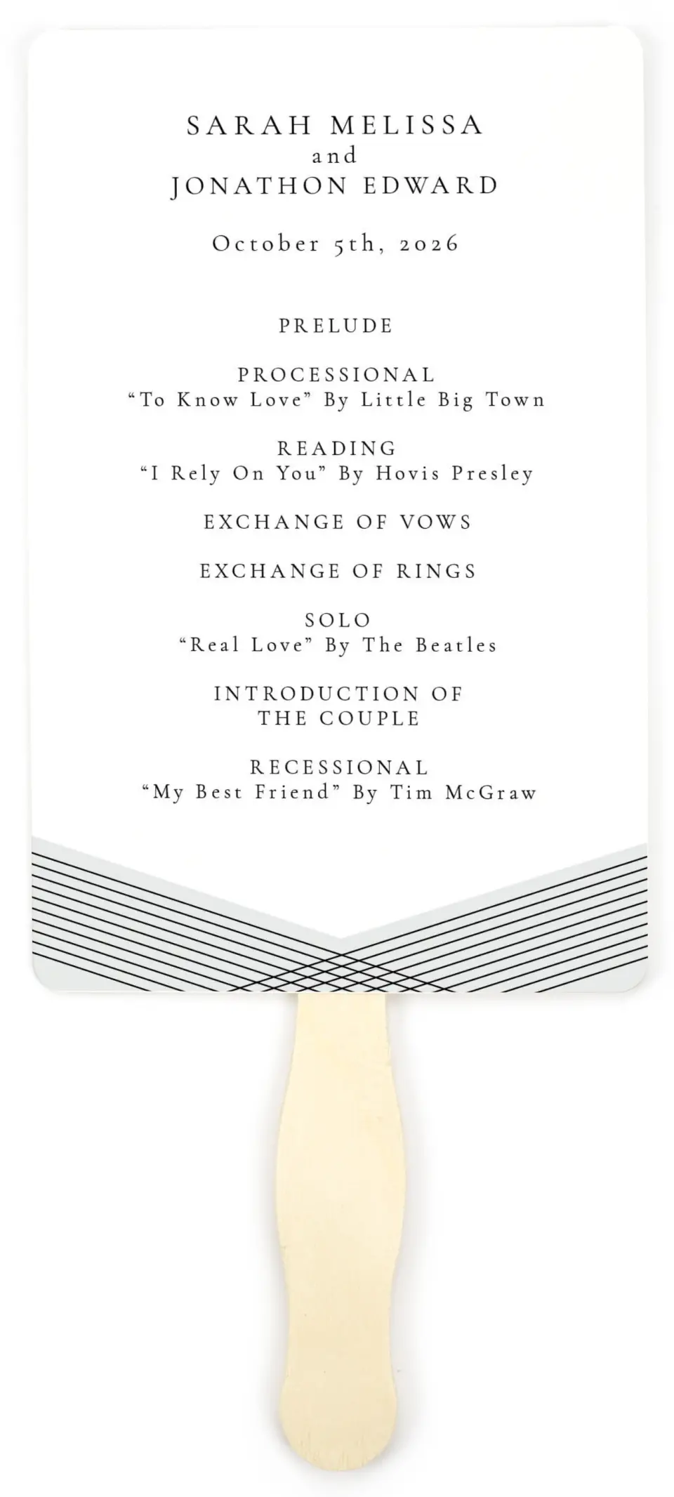 This is a 5" x 7⅞" Wedding Program Fan called Dearest Lines printed in full color on Premium Smooth paper