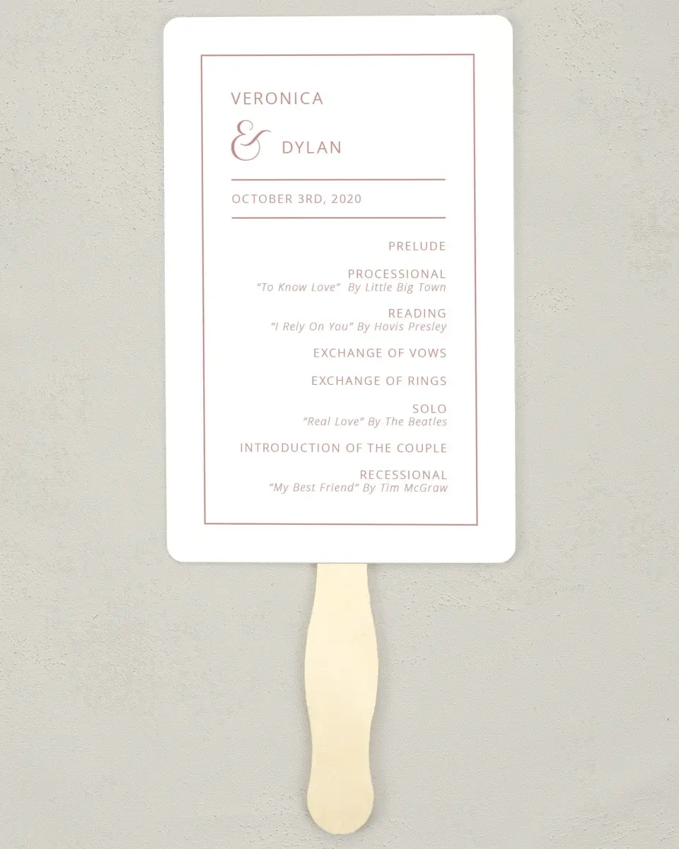 This is a 5" x 7⅞" Wedding Program Fan called Neat Arrangement printed in full color on Premium Smooth paper