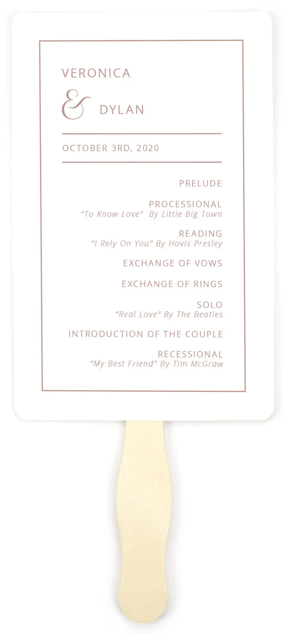 This is a 5" x 7⅞" Wedding Program Fan called Neat Arrangement printed in full color on Premium Smooth paper