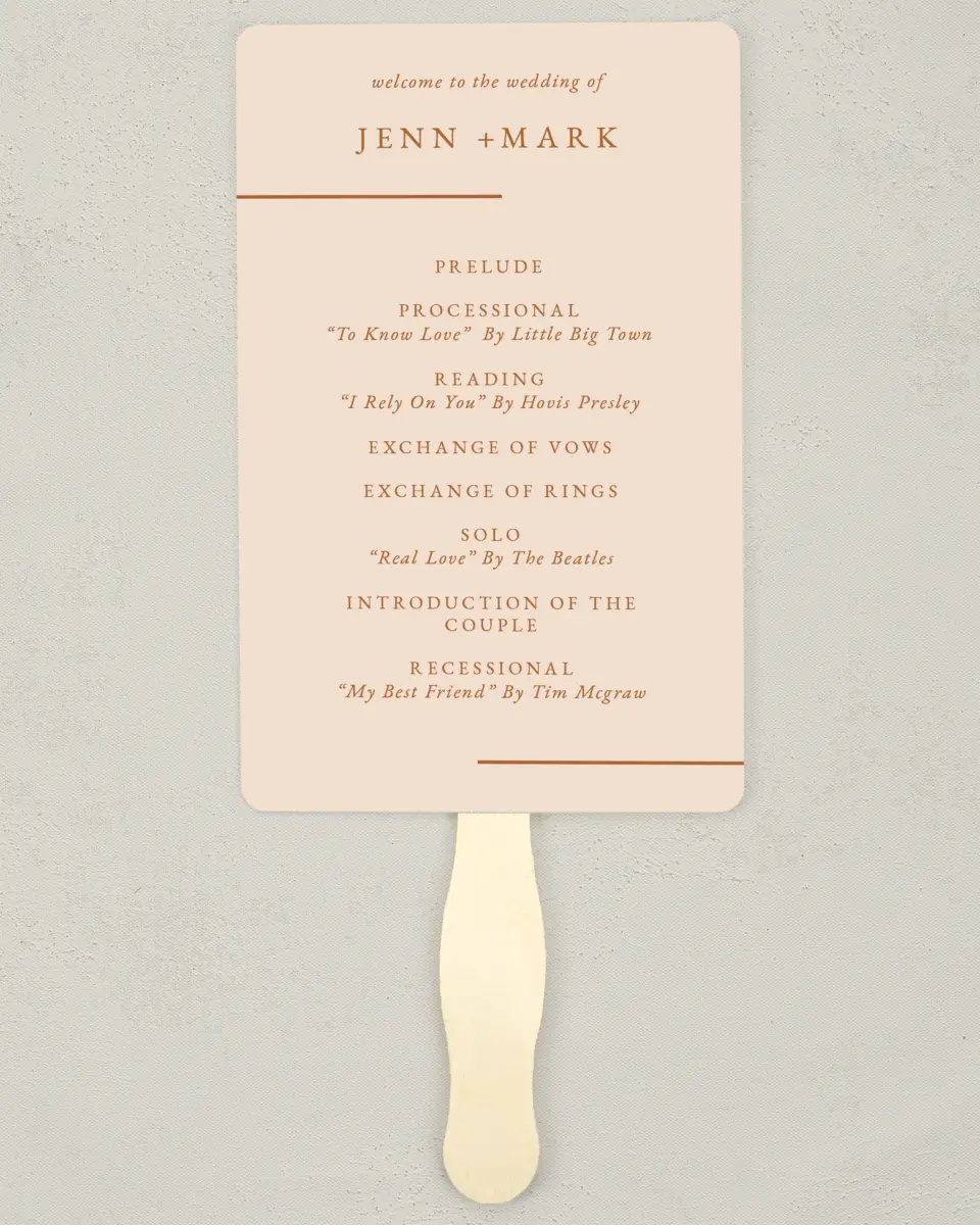 This is a 5" x 7⅞" Wedding Program Fan called Adorable Duo printed in full color with Silver foil on Luxe Satin (coated) paper