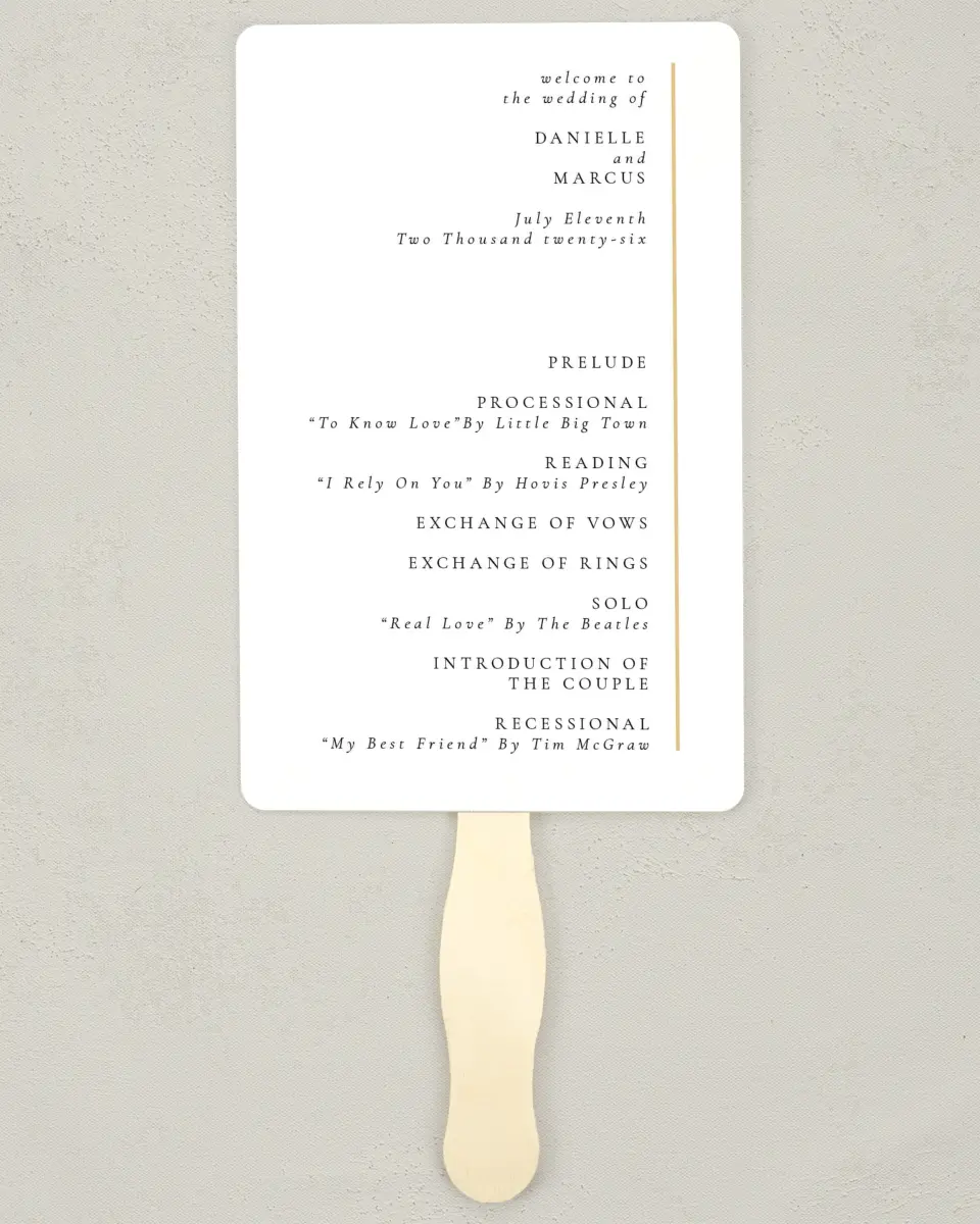 This is a 5" x 7⅞" Wedding Program Fan called Laughing Hearts printed in full color with Rose Gold foil on Luxe Satin (coated) paper