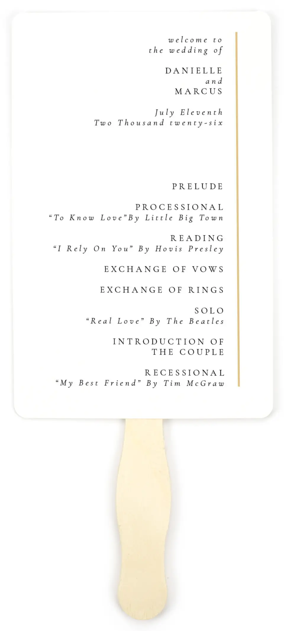 This is a 5" x 7⅞" Wedding Program Fan called Laughing Hearts printed in full color with Gold foil on Luxe Satin (coated) paper