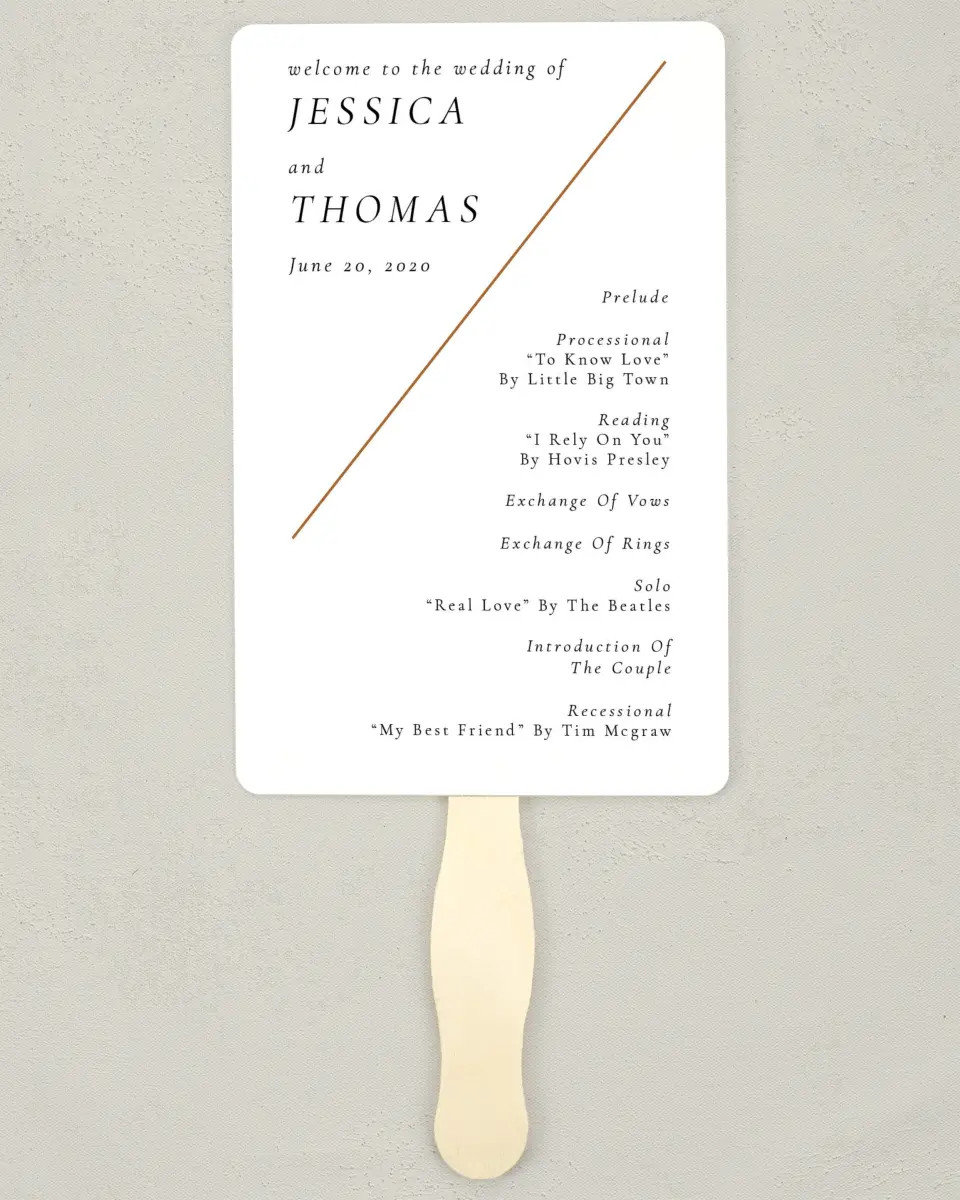 This is a 5" x 7⅞" Wedding Program Fan called Sneek Peek printed in full color with Silver foil on Luxe Satin (coated) paper