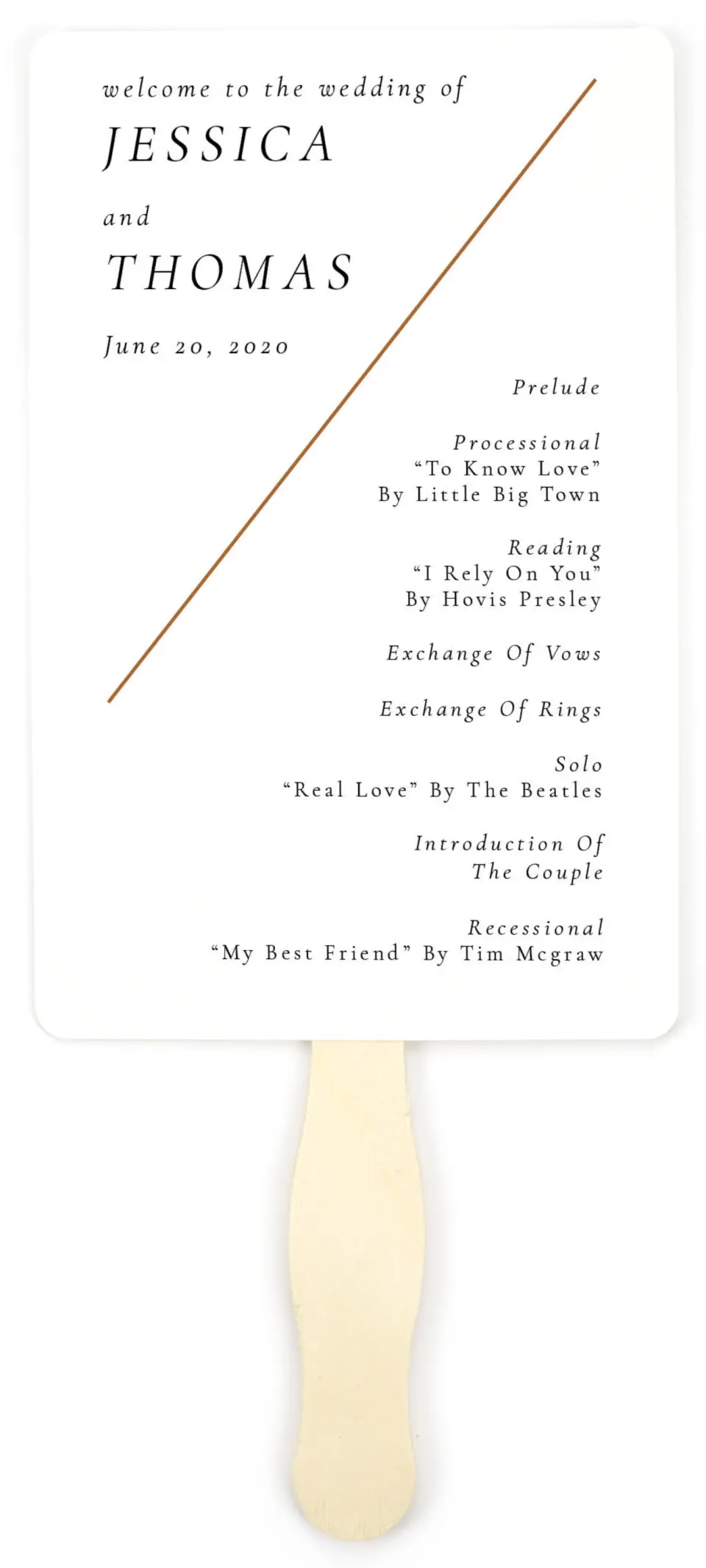 This is a 5" x 7⅞" Wedding Program Fan called Sneek Peek printed in full color on Premium Smooth paper