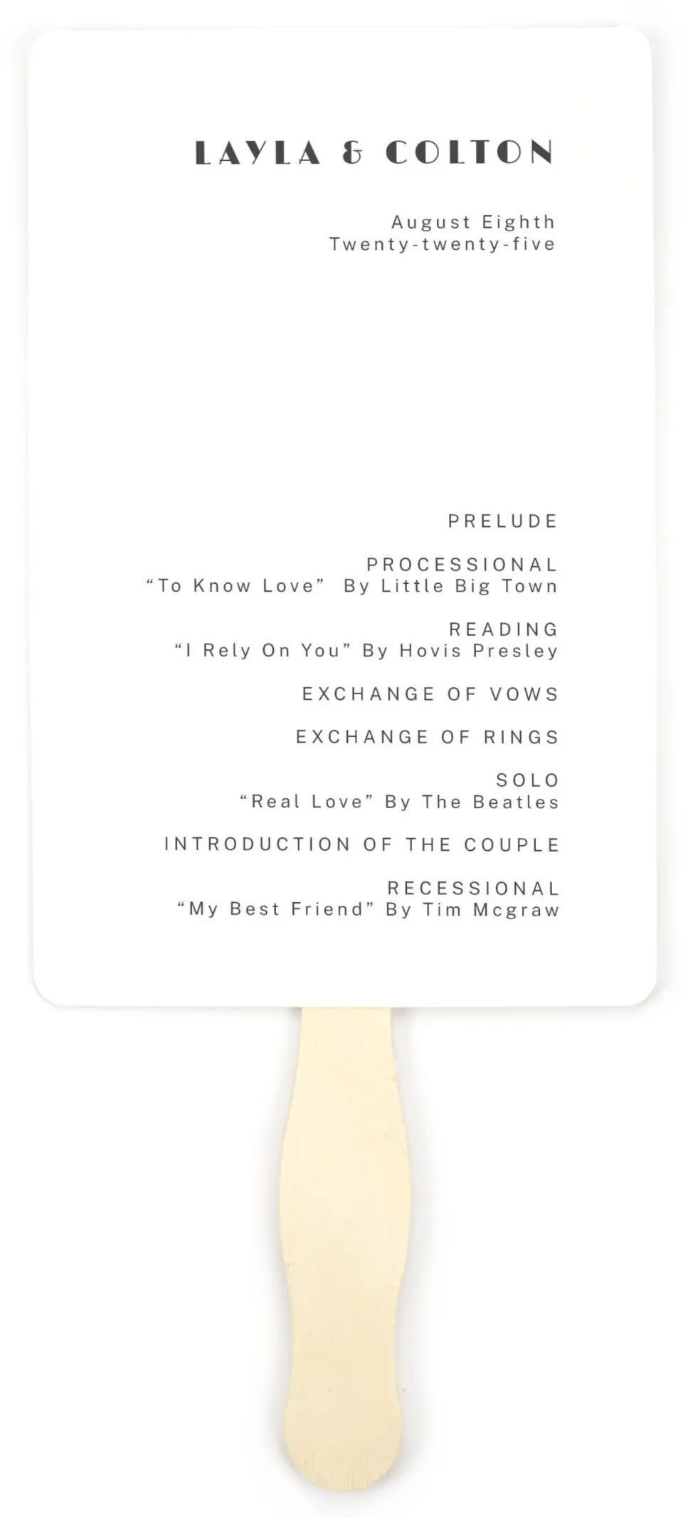This is a 5" x 7⅞" Wedding Program Fan called Boldy Forward printed in full color on Premium Smooth paper