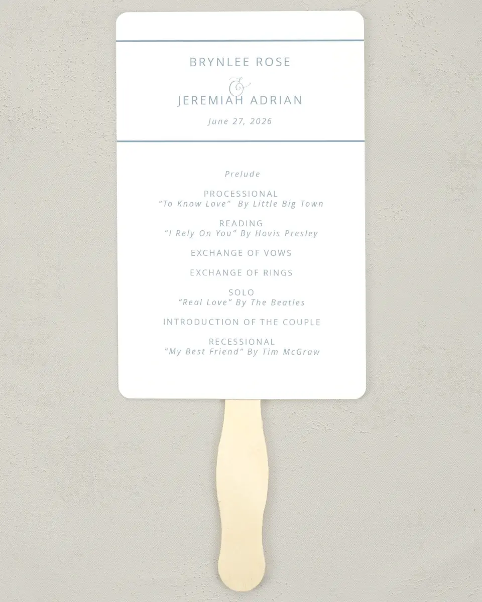 This is a 5" x 7⅞" Wedding Program Fan called Simple Embrace printed in full color with Silver foil on Luxe Satin (coated) paper