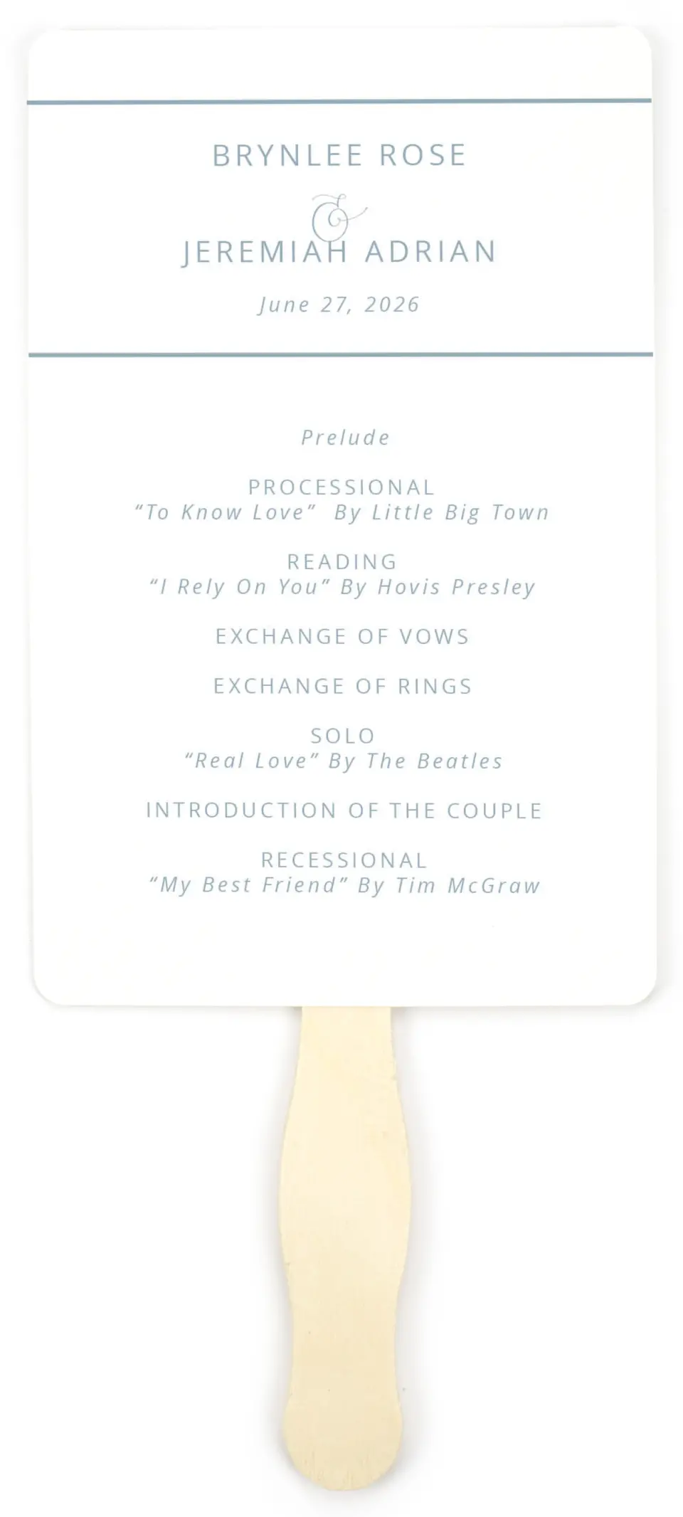 This is a 5" x 7⅞" Wedding Program Fan called Simple Embrace printed in full color with Gold foil on Luxe Satin (coated) paper