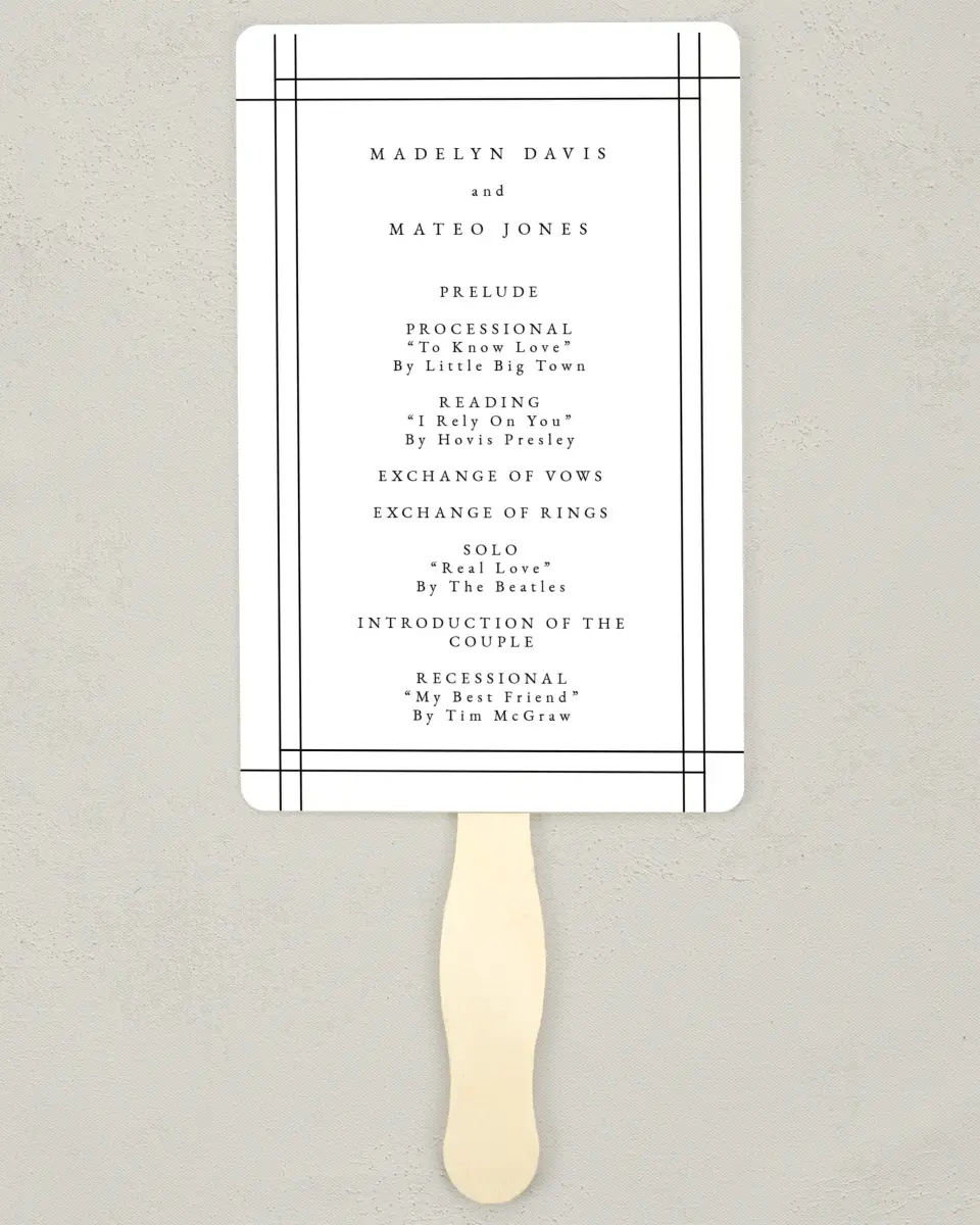 This is a 5" x 7⅞" Wedding Program Fan called Mod Frame printed in full color with Silver foil on Luxe Satin (coated) paper