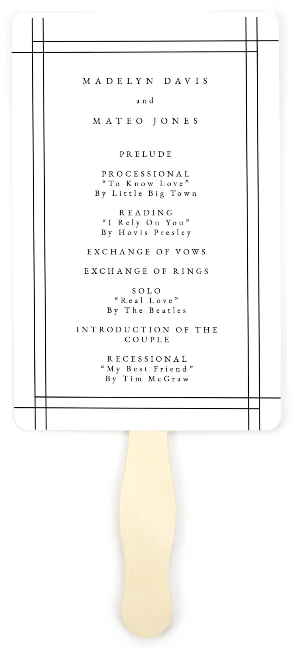This is a 5" x 7⅞" Wedding Program Fan called Mod Frame printed in full color on Premium Smooth paper
