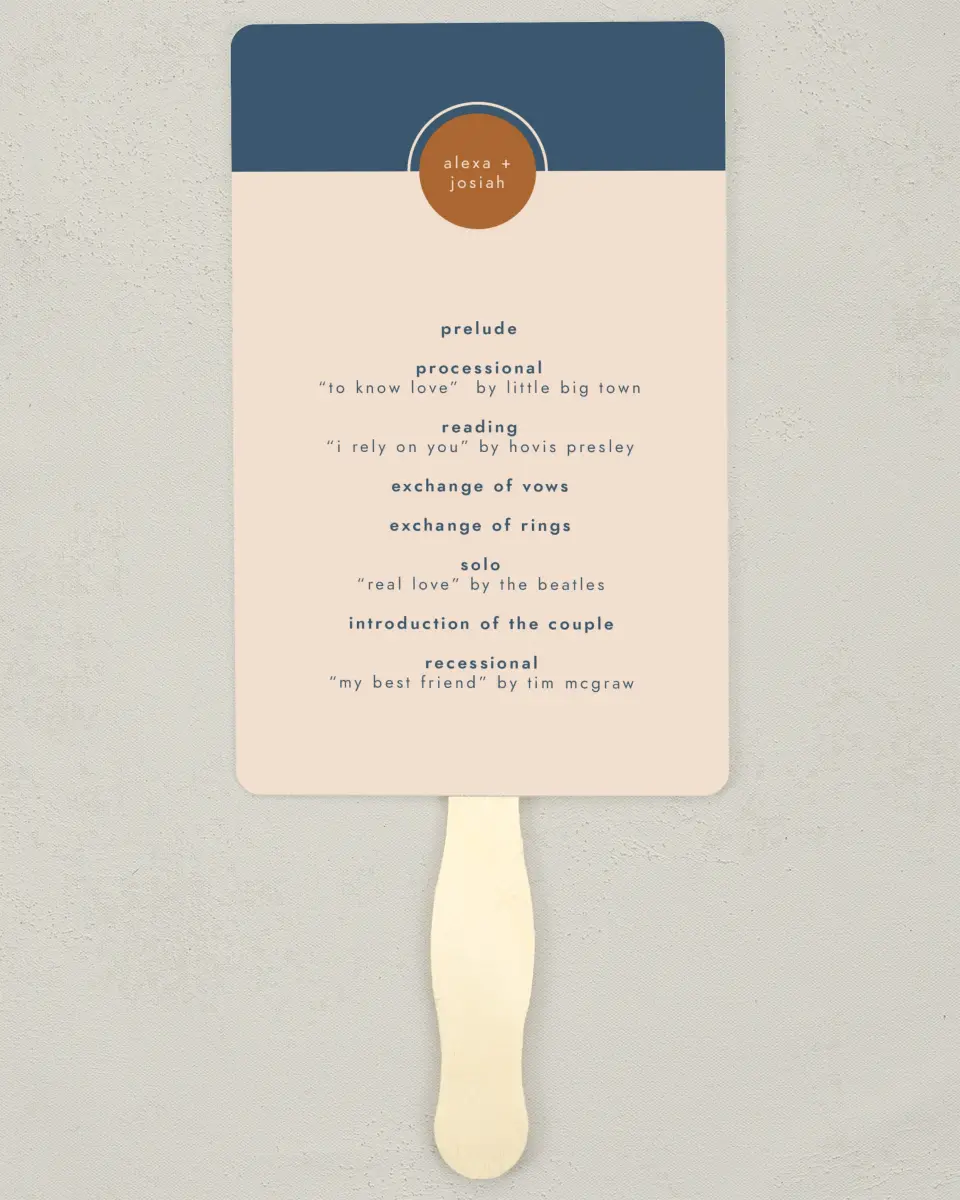 This is a 5" x 7⅞" Wedding Program Fan called Our Beginning printed in full color on Premium Smooth paper