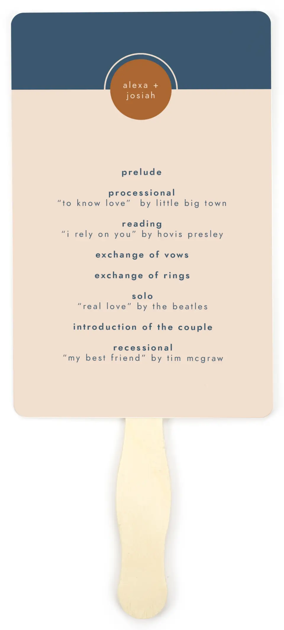 This is a 5" x 7⅞" Wedding Program Fan called Our Beginning printed in full color with Gold foil on Luxe Satin (coated) paper