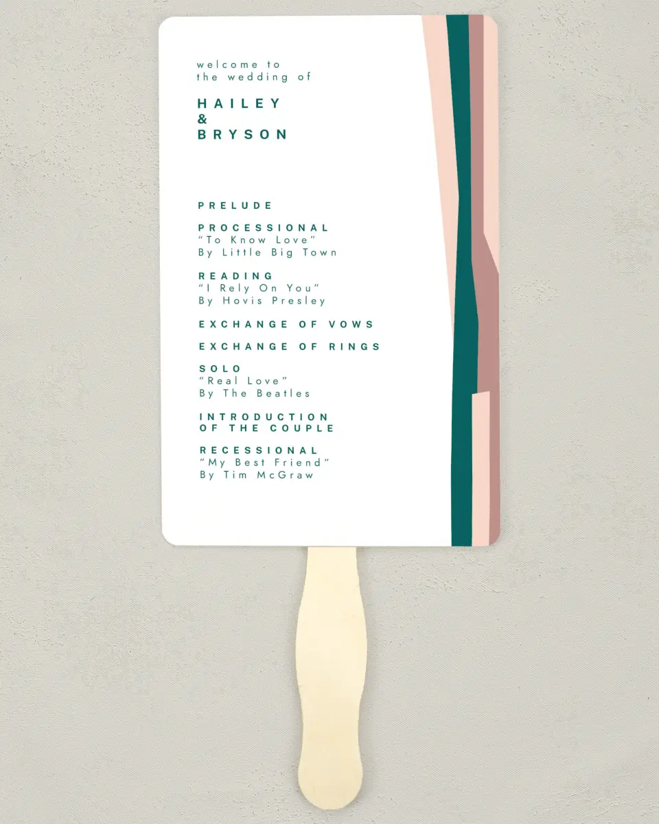 This is a 5" x 7⅞" Wedding Program Fan called Shaped Love printed in full color on Premium Smooth paper