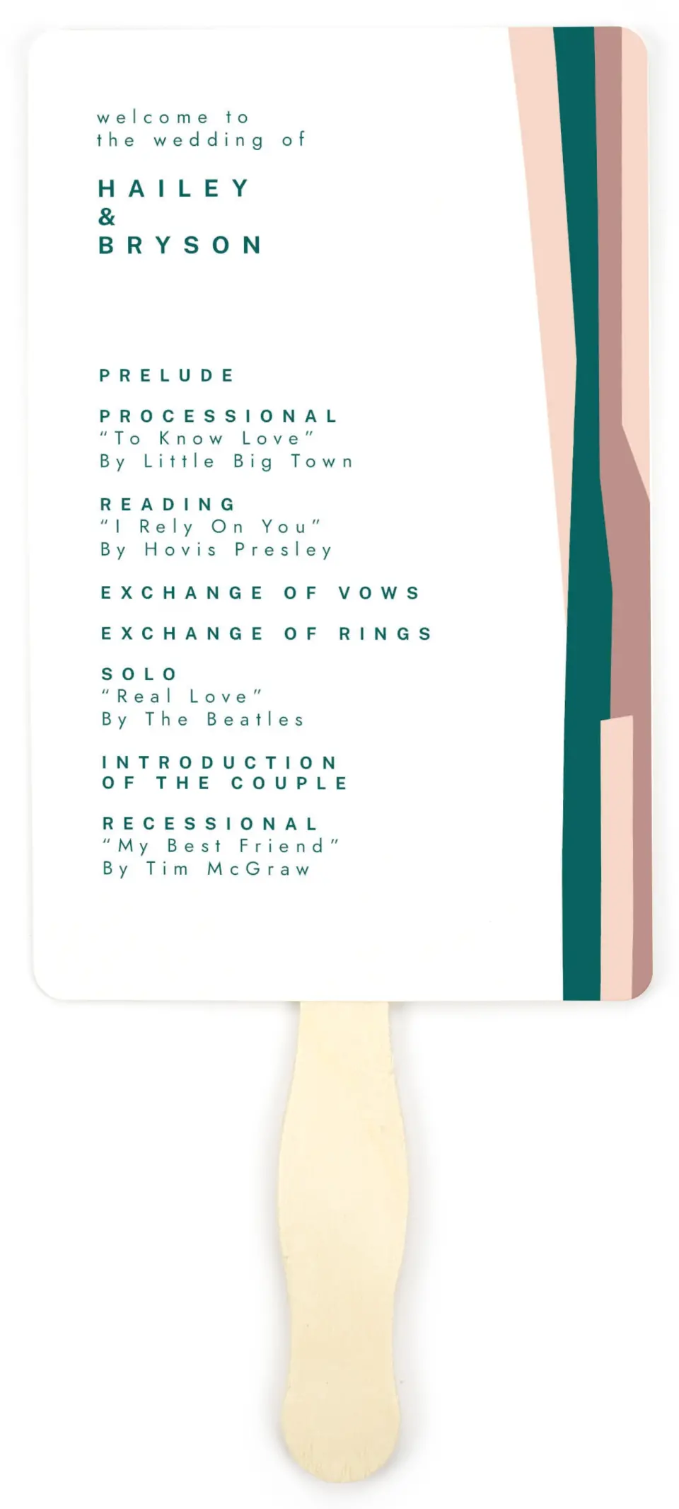 This is a 5" x 7⅞" Wedding Program Fan called Shaped Love printed in full color on Premium Smooth paper