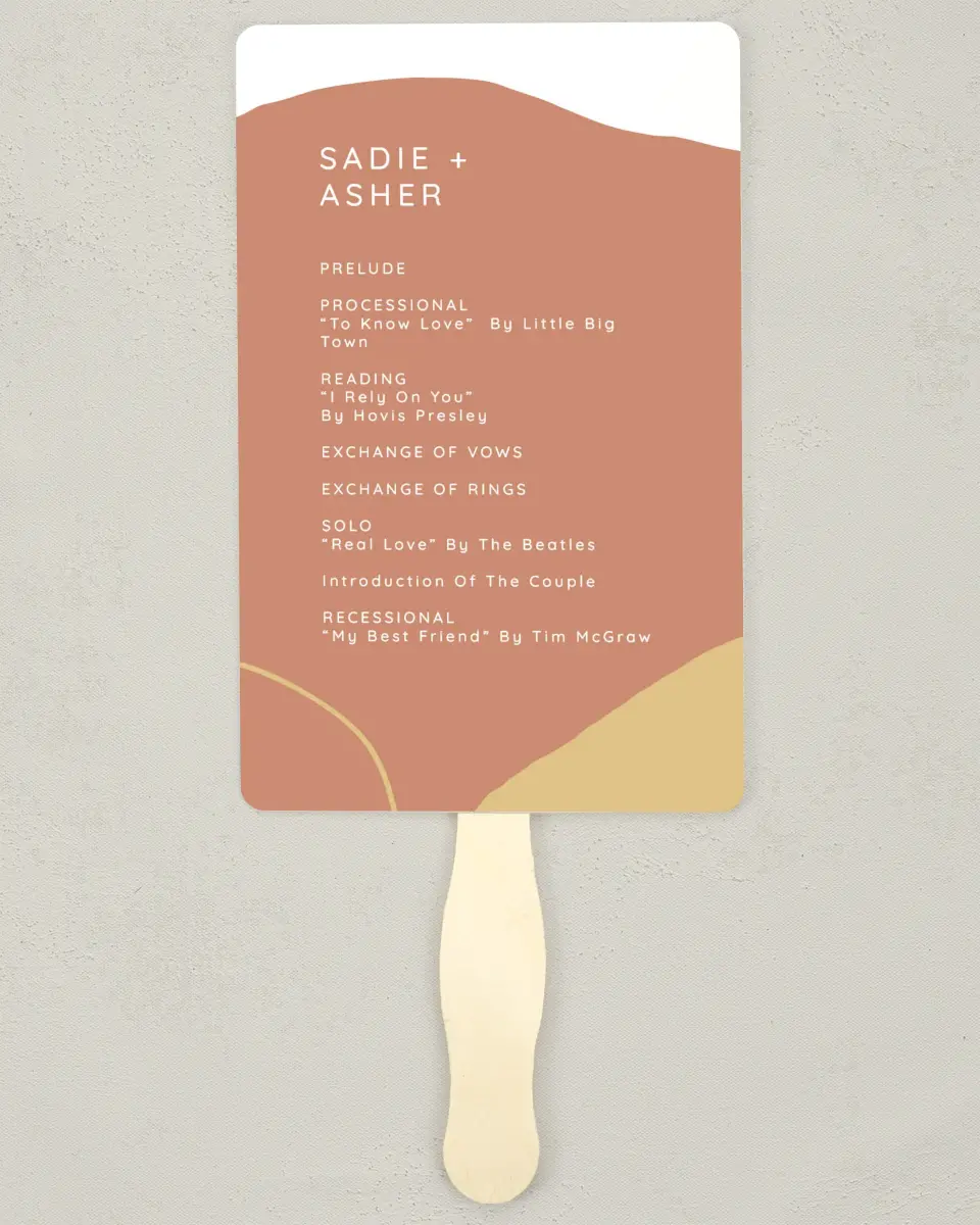 This is a 5" x 7⅞" Wedding Program Fan called Contemporary Bubbles printed in full color on Premium Smooth paper