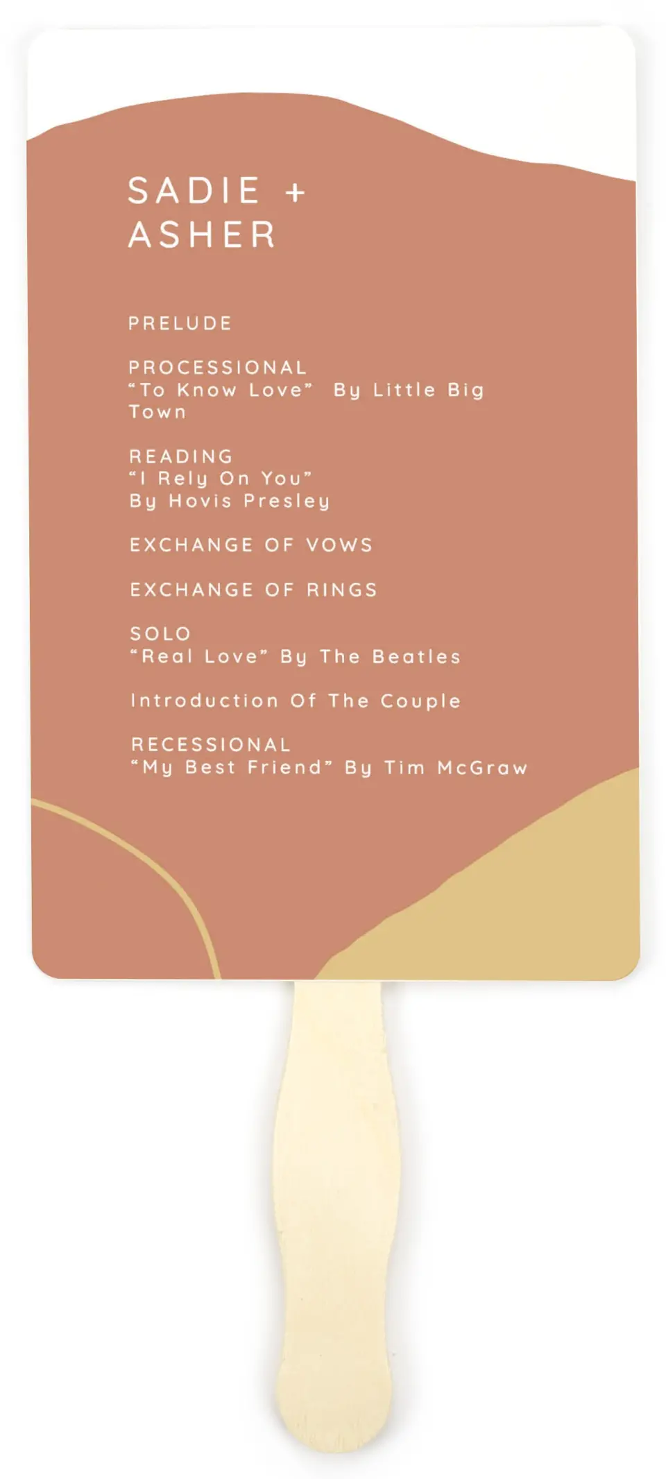 This is a 5" x 7⅞" Wedding Program Fan called Contemporary Bubbles printed in full color on Premium Smooth paper
