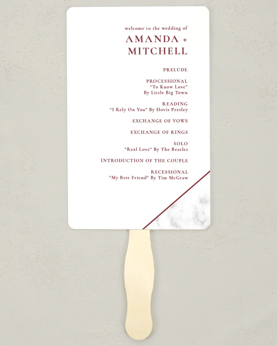 This is a 5" x 7⅞" Wedding Program Fan called Bold Banner printed in full color with Silver foil on Luxe Satin (coated) paper