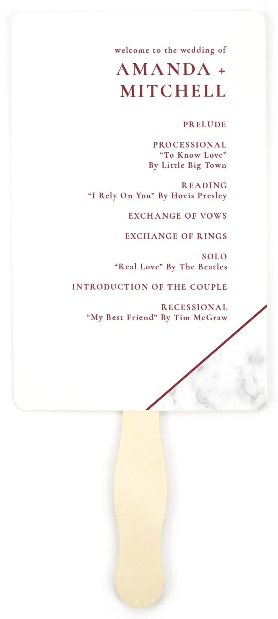 This is a 5" x 7⅞" Wedding Program Fan called Bold Banner printed in full color on Premium Smooth paper