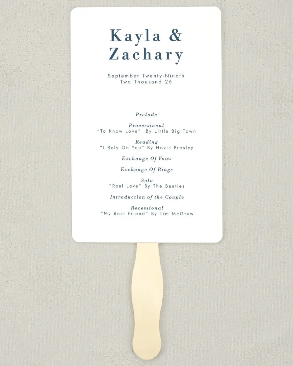 This is a 5" x 7⅞" Wedding Program Fan called Perfect Picture printed in full color with Silver foil on Luxe Satin (coated) paper
