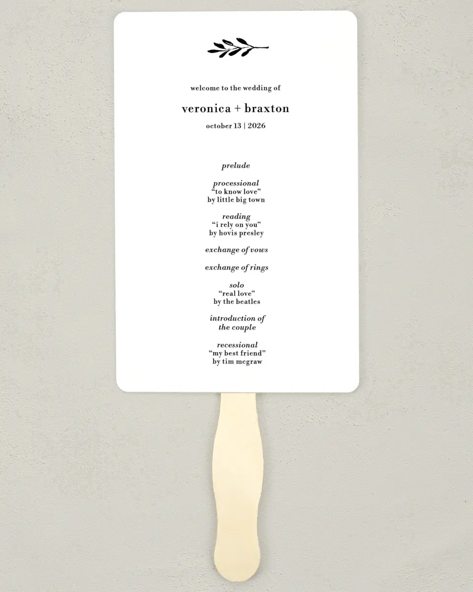 This is a 5" x 7⅞" Wedding Program Fan called Stacked Squares printed in full color on Premium Smooth paper