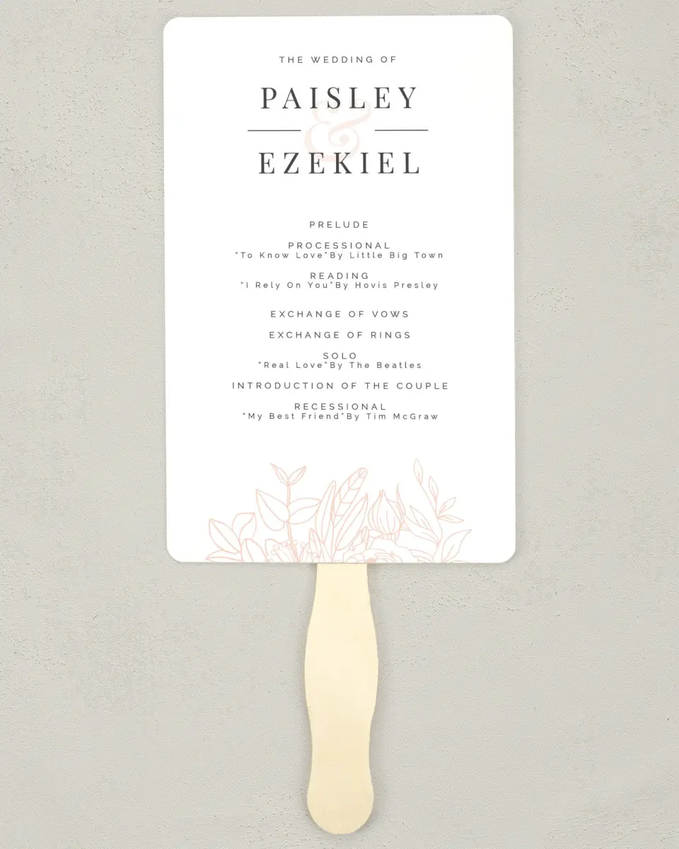 This is a 5" x 7⅞" Wedding Program Fan called Floral Outline printed in full color on Premium Smooth paper