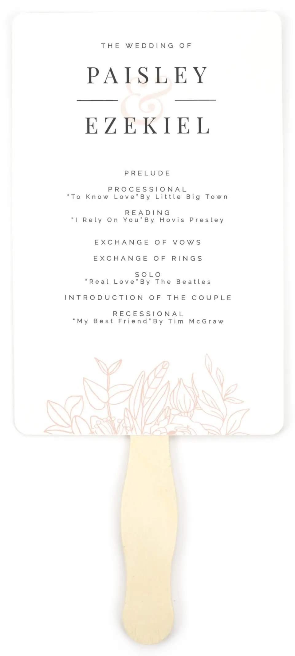 This is a 5" x 7⅞" Wedding Program Fan called Floral Outline printed in full color on Premium Smooth paper