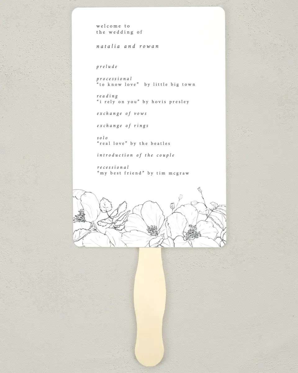 This is a 5" x 7⅞" Wedding Program Fan called Hibiscus Hideaway printed in full color on Premium Smooth paper