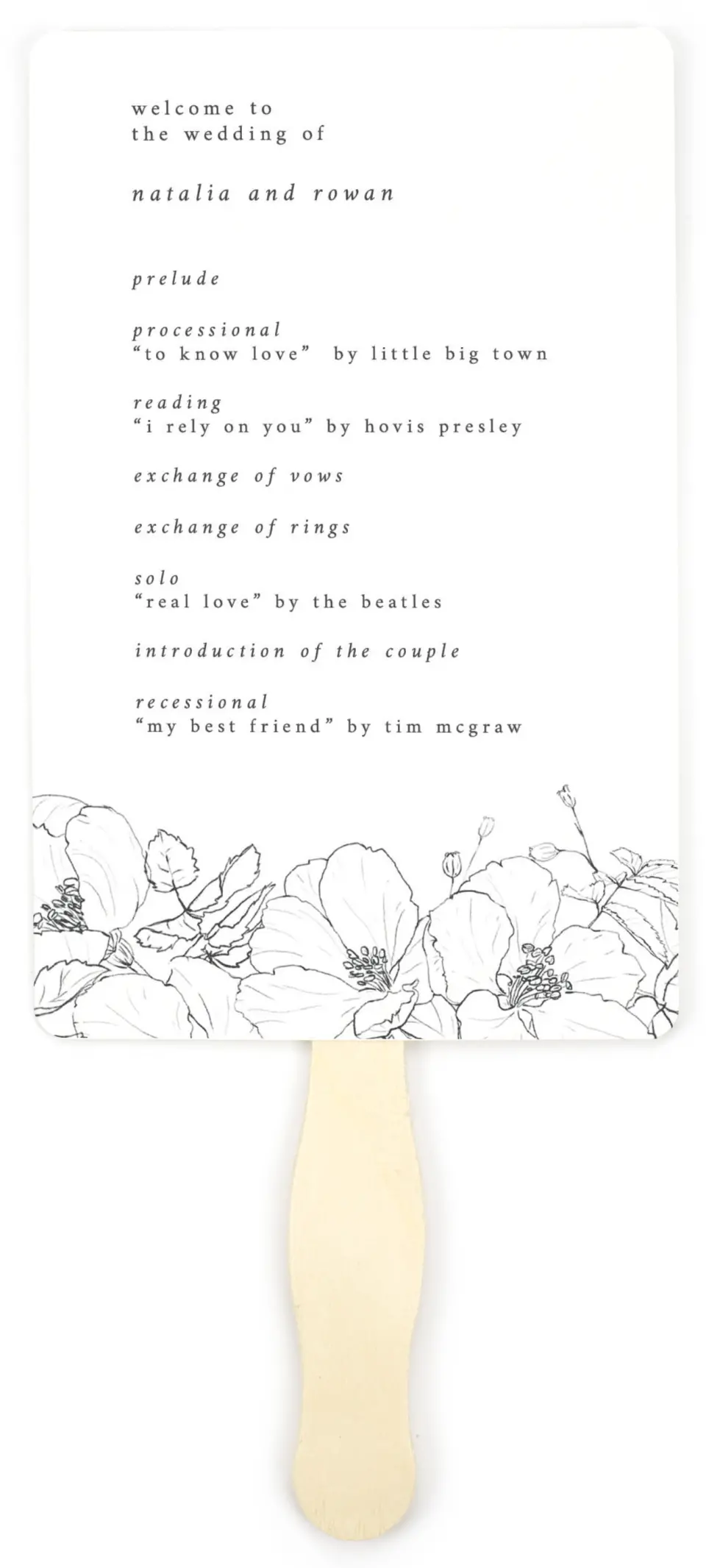 This is a 5" x 7⅞" Wedding Program Fan called Hibiscus Hideaway printed in full color with Gold foil on Luxe Satin (coated) paper