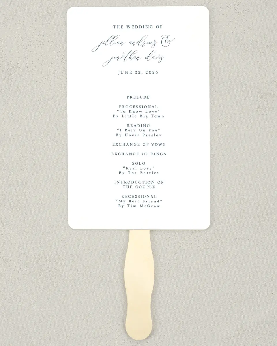 This is a 5" x 7⅞" Wedding Program Fan called Floral Sketch printed in full color with Silver foil on Luxe Satin (coated) paper