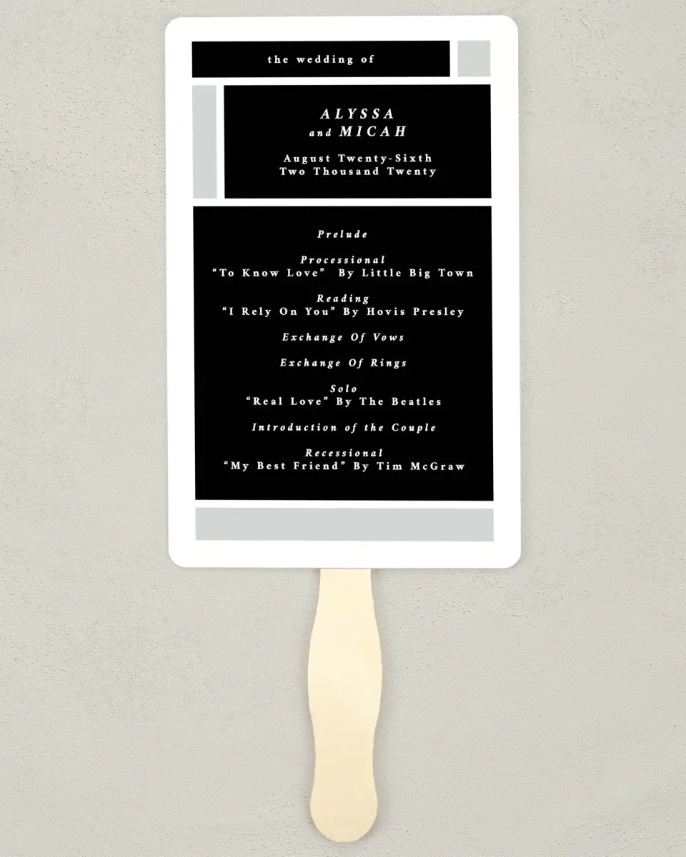 This is a 5" x 7⅞" Wedding Program Fan called Framed Boxes printed in full color with Silver foil on Luxe Satin (coated) paper