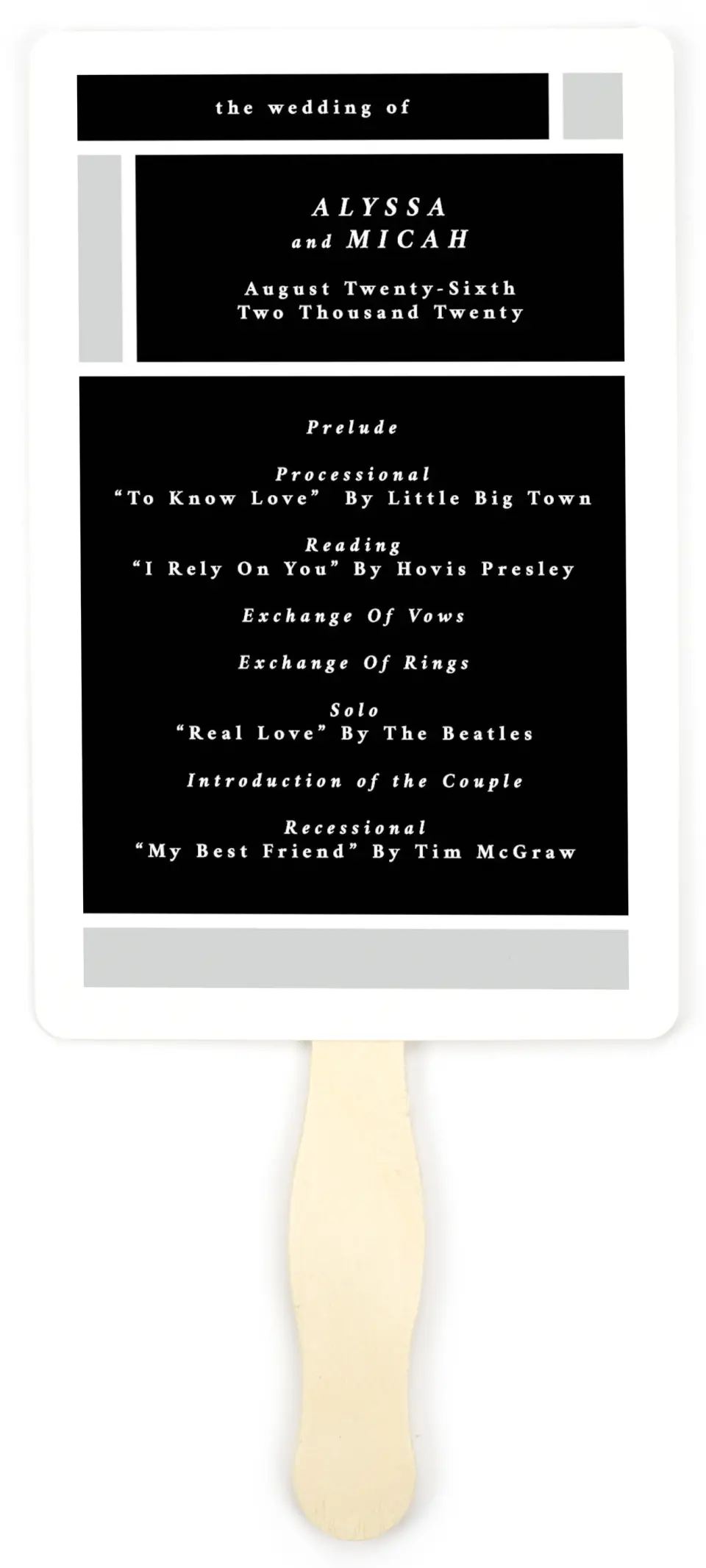 This is a 5" x 7⅞" Wedding Program Fan called Framed Boxes printed in full color on Premium Smooth paper