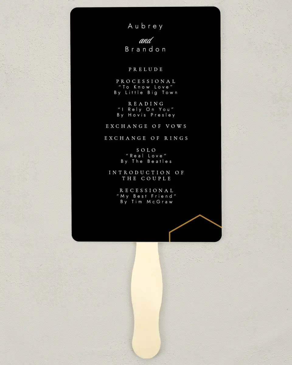 This is a 5" x 7⅞" Wedding Program Fan called Love's Ribbon printed in full color with Silver foil on Luxe Satin (coated) paper