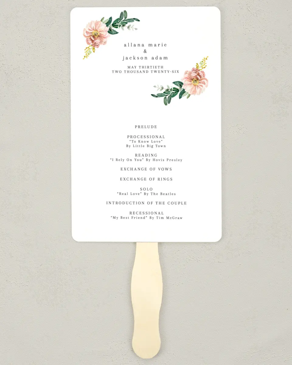 This is a 5" x 7⅞" Wedding Program Fan called Delicate Florals printed in full color with Silver foil on Luxe Satin (coated) paper