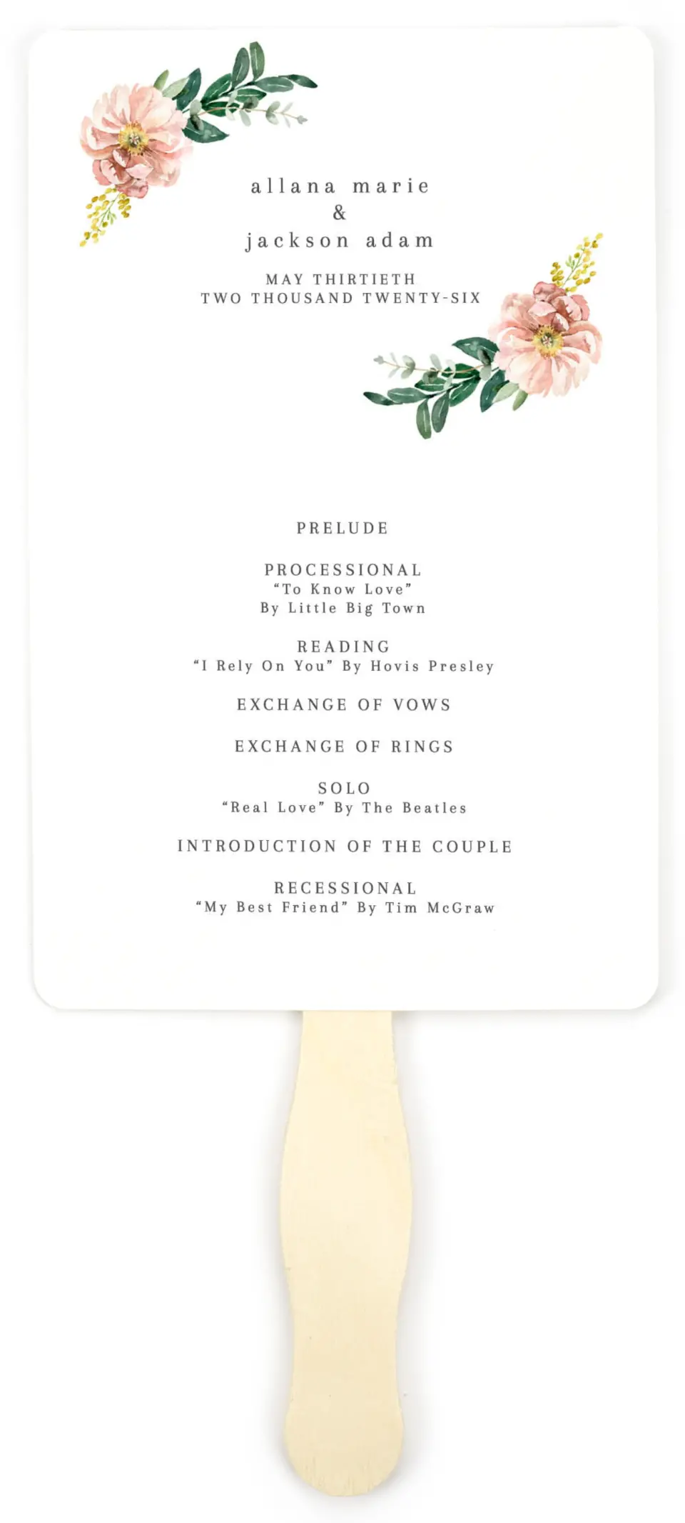 This is a 5" x 7⅞" Wedding Program Fan called Delicate Florals printed in full color with Gold foil on Luxe Satin (coated) paper