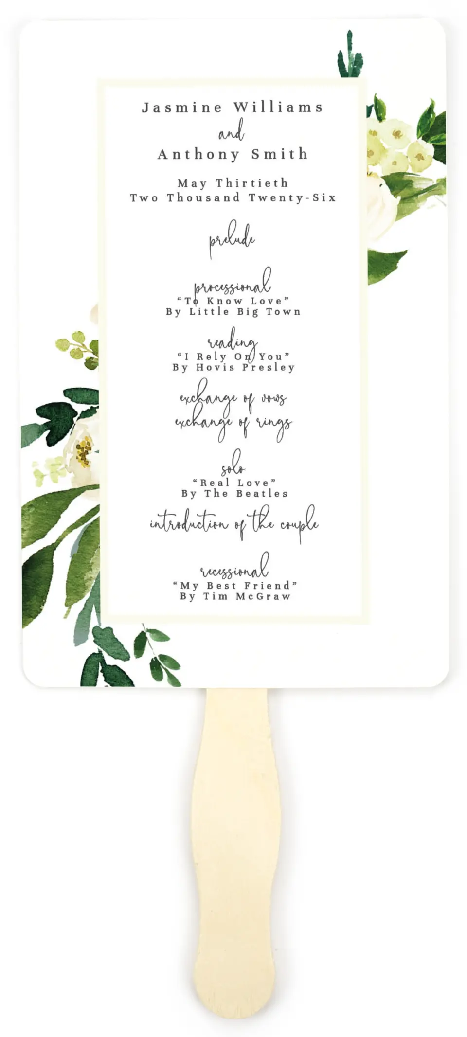 This is a 5" x 7⅞" Wedding Program Fan called Wedding Florals printed in full color on Premium Smooth paper