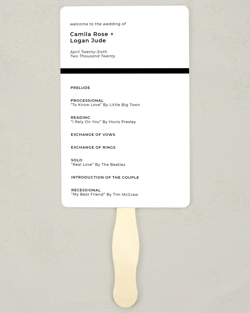 This is a 5" x 7⅞" Wedding Program Fan called Bold Heading printed in full color with Silver foil on Luxe Satin (coated) paper