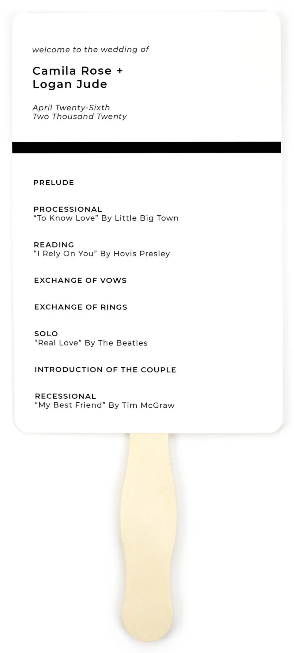 This is a 5" x 7⅞" Wedding Program Fan called Bold Heading printed in full color on Premium Smooth paper