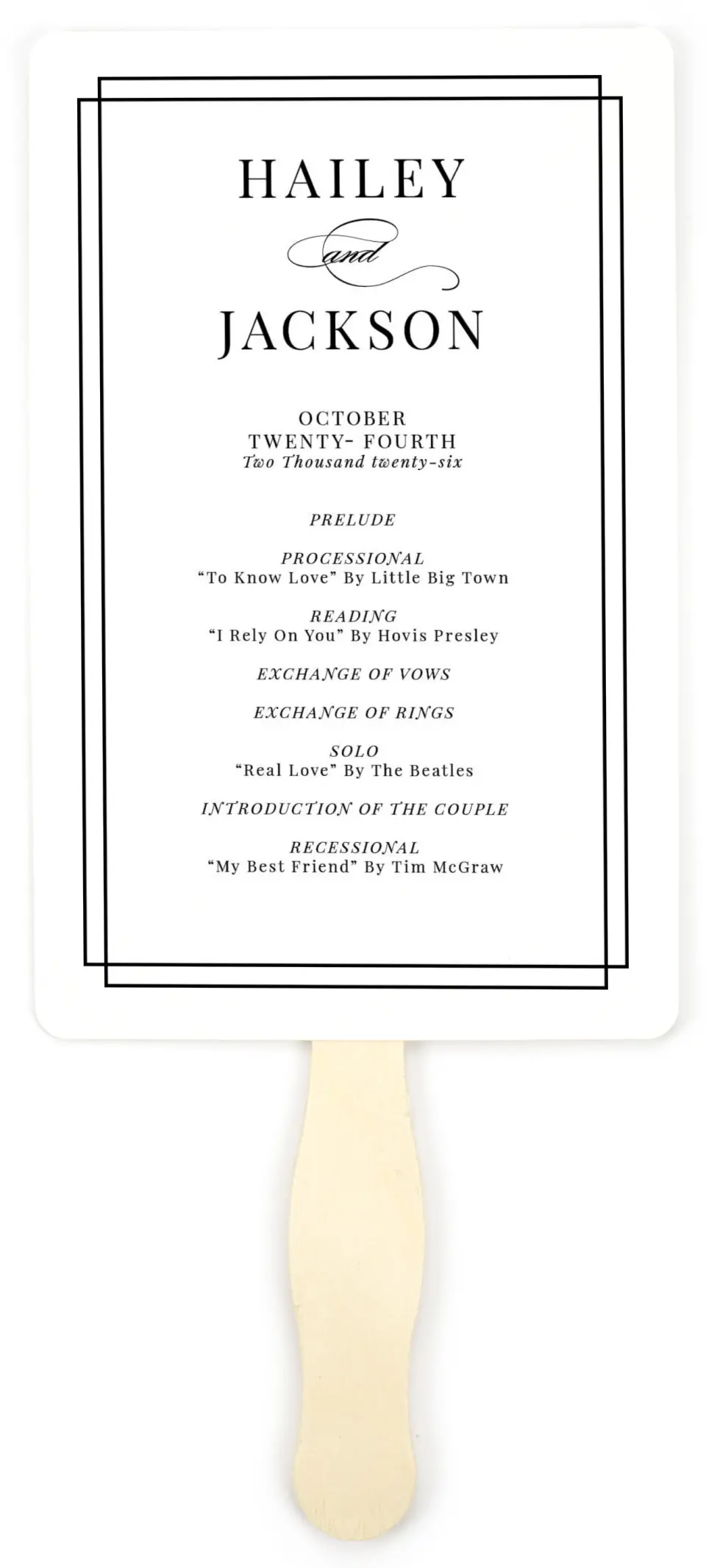 This is a 5" x 7⅞" Wedding Program Fan called Because You're Mine printed in full color with Gold foil on Luxe Satin (coated) paper