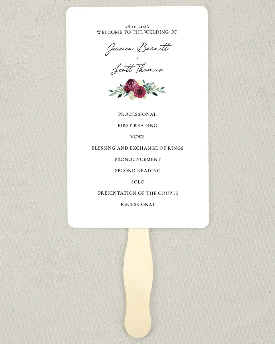 This is a 5" x 7⅞" Wedding Program Fan called Floral Touch printed in full color on Premium Smooth paper