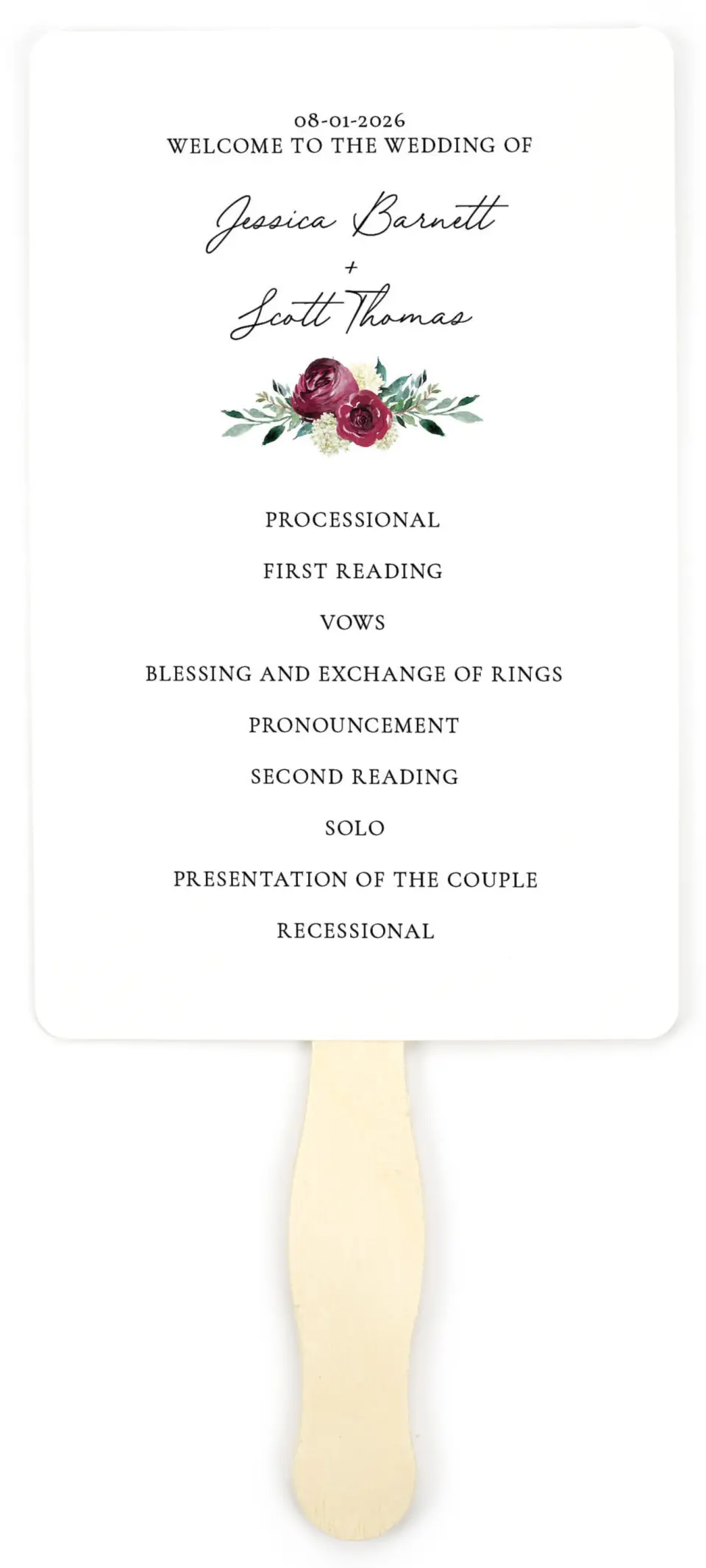 This is a 5" x 7⅞" Wedding Program Fan called Floral Touch printed in full color on Premium Smooth paper