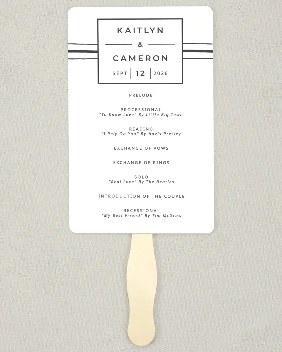 This is a 5" x 7⅞" Wedding Program Fan called Love on the Line printed in full color on Premium Smooth paper