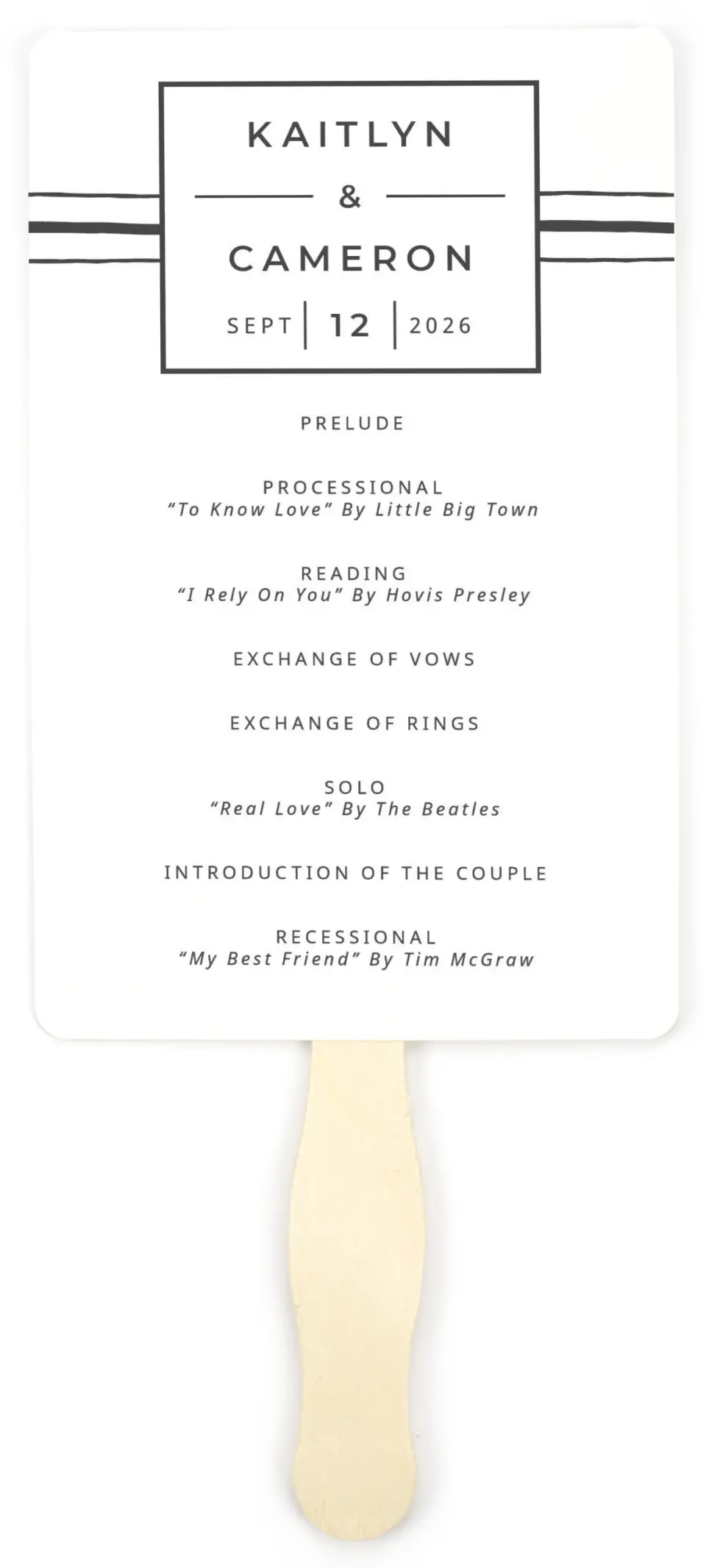 This is a 5" x 7⅞" Wedding Program Fan called Love on the Line printed in full color with Gold foil on Luxe Satin (coated) paper