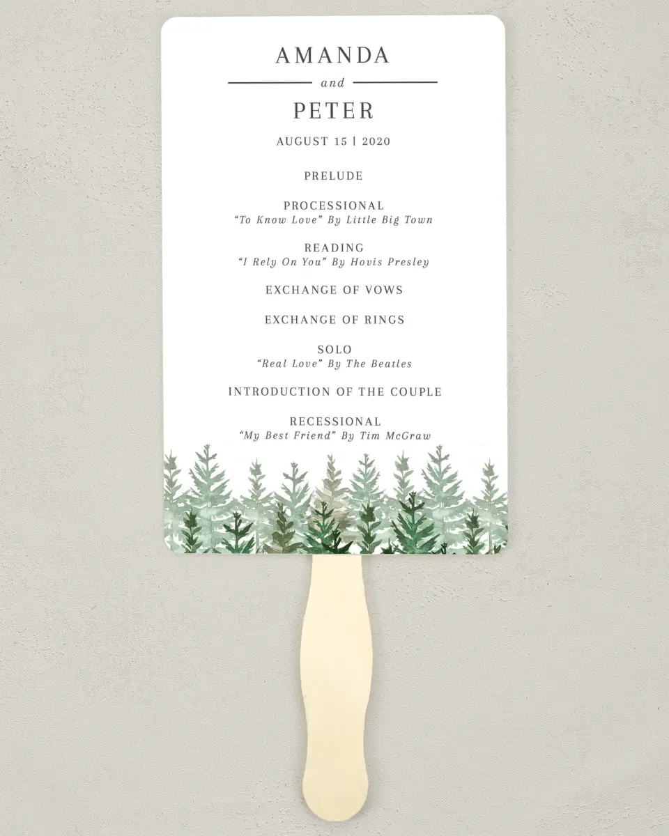This is a 5" x 7⅞" Wedding Program Fan called Ethereal Evergreens printed in full color on Premium Smooth paper