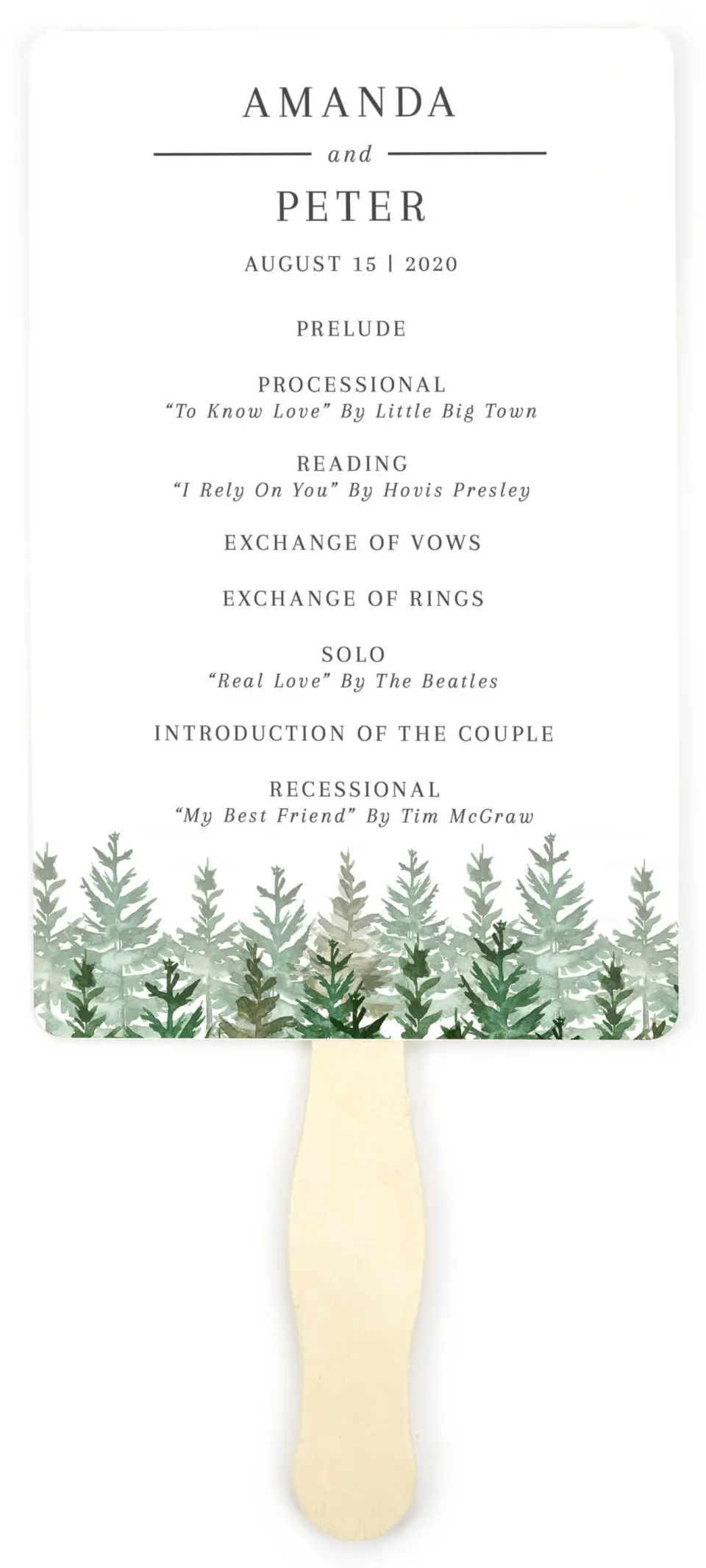 This is a 5" x 7⅞" Wedding Program Fan called Ethereal Evergreens printed in full color on Premium Smooth paper