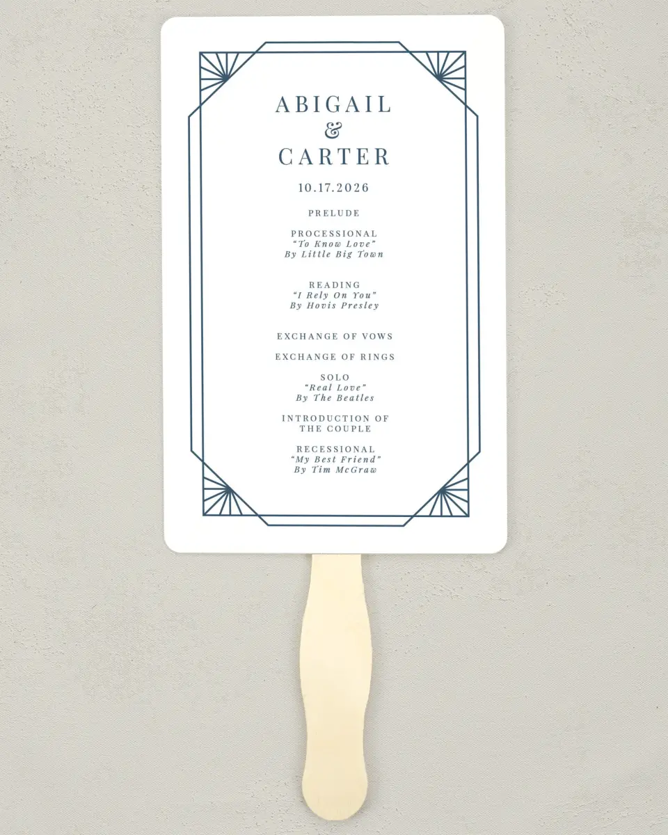 This is a 5" x 7⅞" Wedding Program Fan called Mod Deco printed in full color on Premium Smooth paper