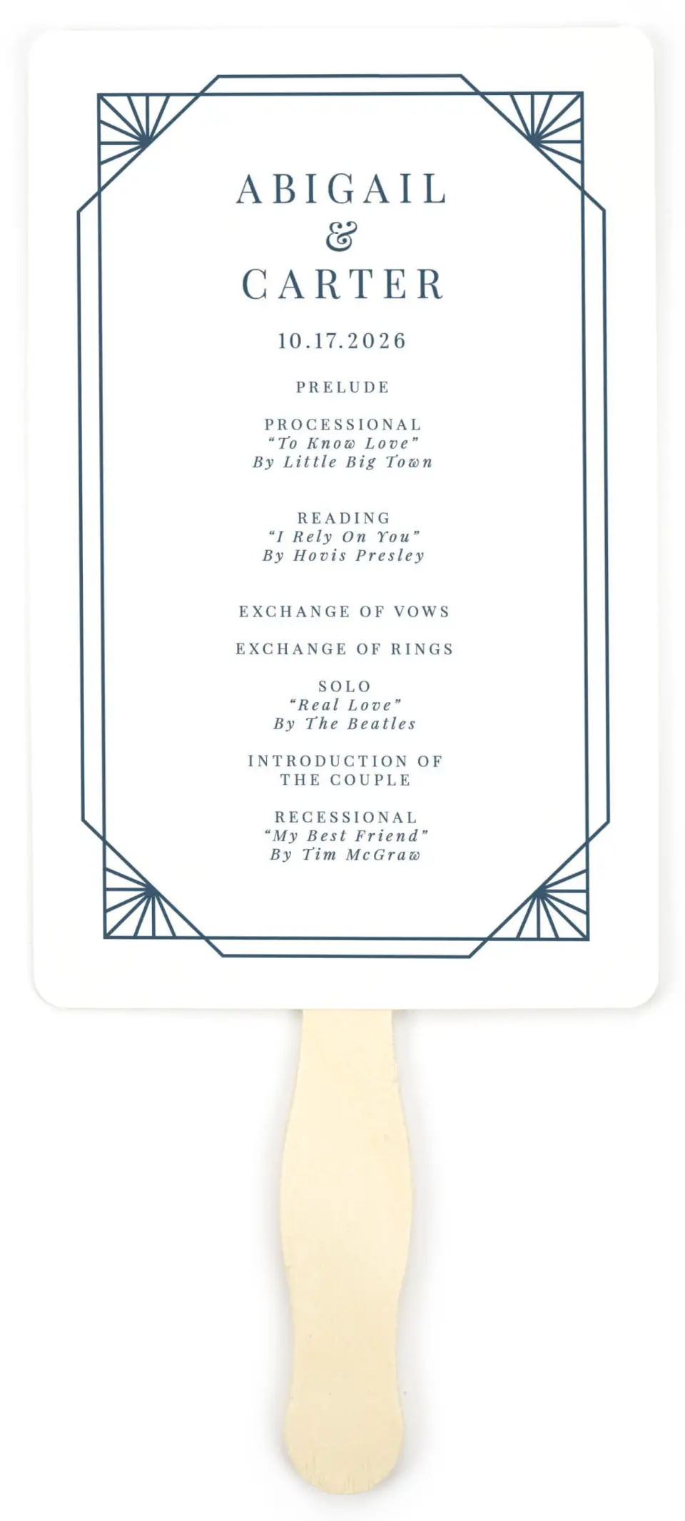 This is a 5" x 7⅞" Wedding Program Fan called Mod Deco printed in full color on Premium Smooth paper