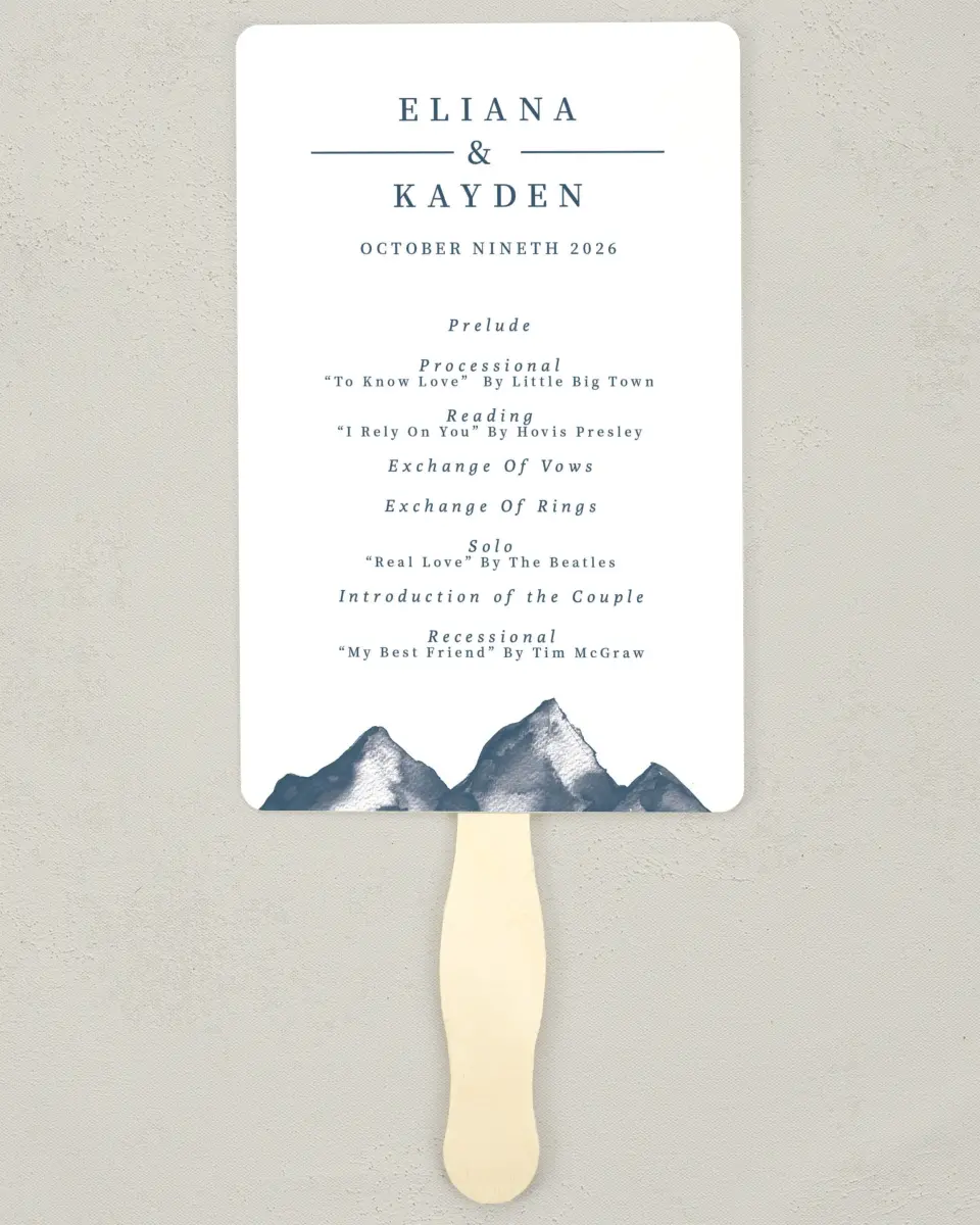 This is a 5" x 7⅞" Wedding Program Fan called Perfect Peak printed in full color on Premium Smooth paper