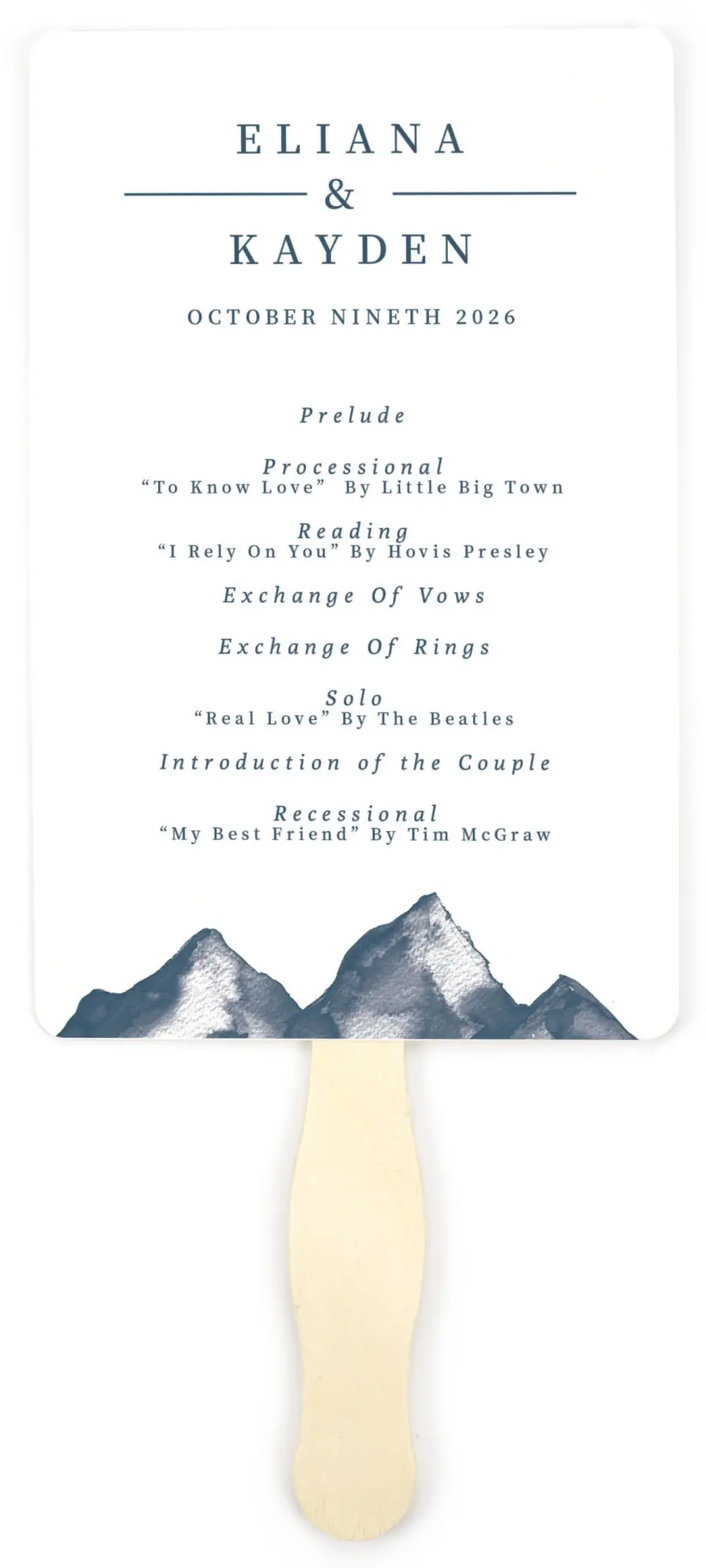 This is a 5" x 7⅞" Wedding Program Fan called Perfect Peak printed in full color on Premium Smooth paper